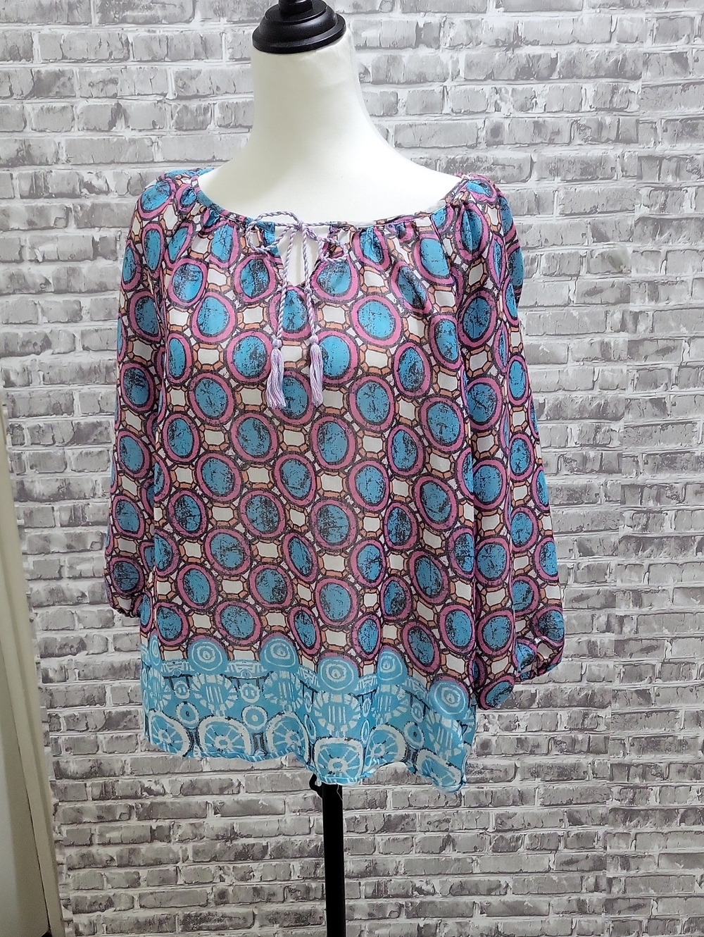 new directions Weekend Purple & Blue Circle Peasant Boho Tassel Tunic Top Size M